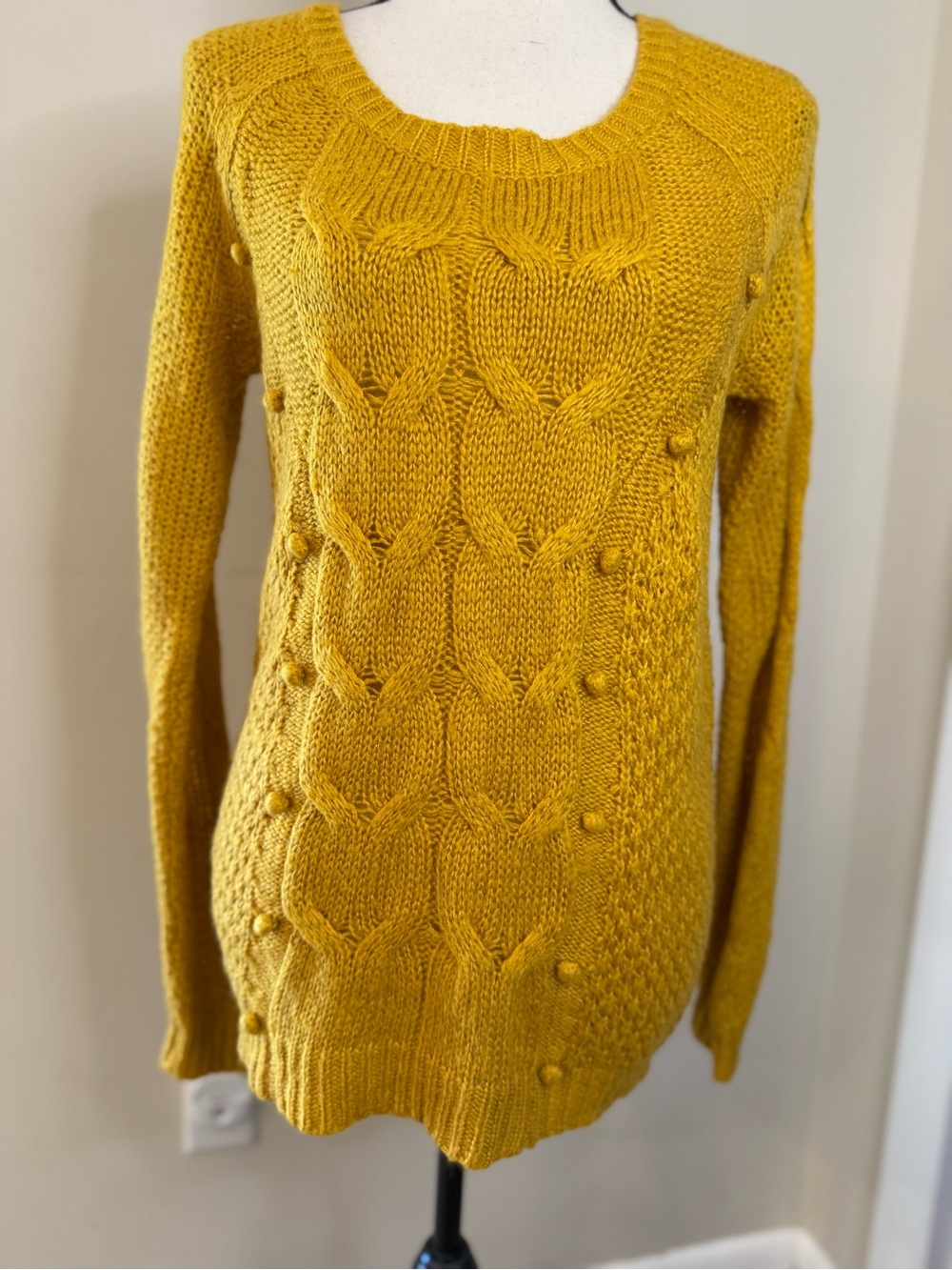 Pins and Needles mustard yellow cable knit pom pom sweater SM - Picture 5 of 13